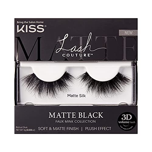 KISS Lash Couture Matte Black Faux Mink Collection False Eyelashes, 14 mm, 3D Volume, Soft & matte Finish, Plush Effect, Easy to Apply, Reusable, 1 Pair Fake Lashes, Style 'Matte Silk'