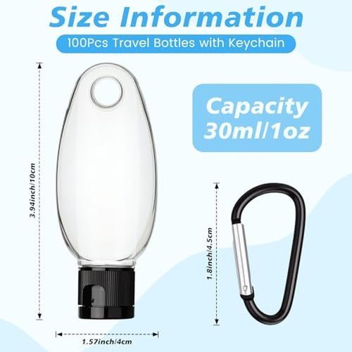 100 Pcs Traveling Bottles with Keychain 1oz Clear Plastic Keychain Bottle Leakproof Refillable Empty Keyring Container Liquid Packing Container Portable Bottle with Lid for Liquid Cream