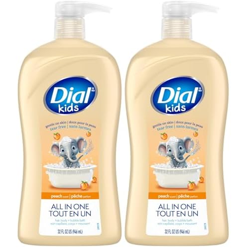 Dial Kids All-in-1 Body + Hair + Bubble Bath, Peach Scent, 32 Fl Oz, Hypoallergenic Body Wash & Shampoo, No Tears Formula for Kids 2+ Years, No Parabens & Silicones (Pack of 2)