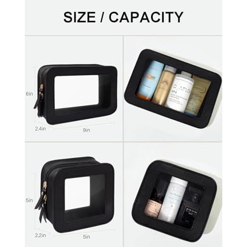 2 Pcs Travel Clear Makeup Bag Set, Clear Black Makeup Organizer with Zipper Leather Travel Bags for Toiletries Small Cosmetic Bags for Women Mini Make up Pouch Toiletry Bags Car Essentials