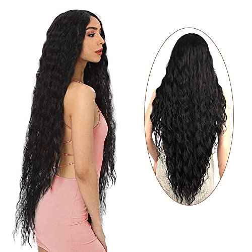 Long Black Wig for Women 36 inch Super Long Water Wavy Wigs Heat Resistant Synthetic Soft Wavy Fluffy Curly Wig for Daily Party Use Halloween Wig