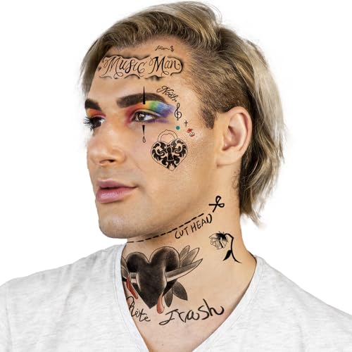 4 Sheets Cosplay Hip-Hop Temporary Face and Body Tattoos ? Rapper-Inspired Fake Tattoo Stickers for Men, Women and Kids ? Realistic Waterproof Tattoos for Cosplay, Halloween, Parties