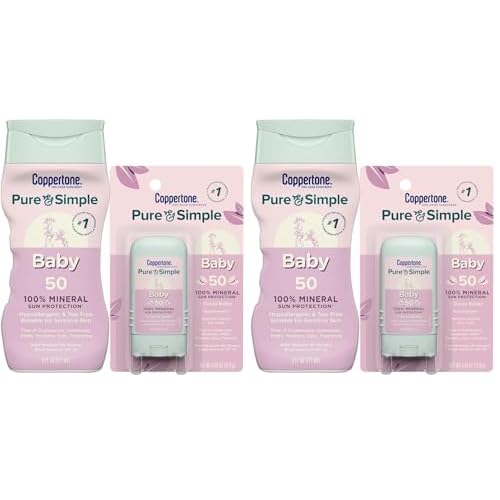 Coppertone Pure and Simple Baby Mineral Sunscreen Lotion SPF 50 (6 Fl Oz) + Baby Sunscreen Stick SPF 50 (0.49 Oz),Hypoallergenic and Fragrance Free,(Pack of 4)