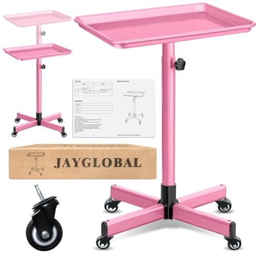 JayGlobal Pink Salon Tray On Wheels, Premium Aluminum Rolling Tattoo Tray, Height Adjustable Tattoo Cart Trolley for Hairstylist Salon, Spa & Clinic
