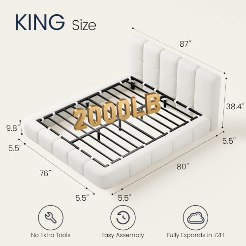 King Cloud Bed Frame with Headboard - Cream Upholstered