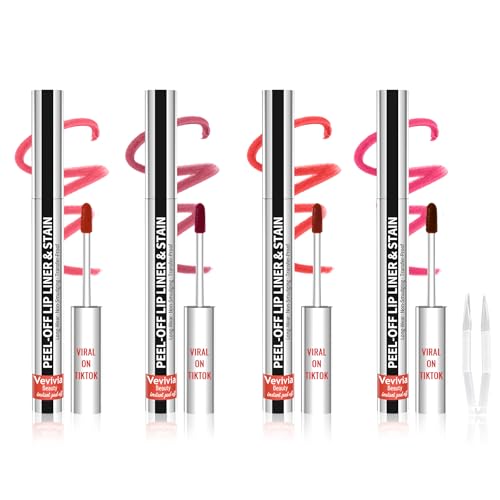 Vevivia 4pcs Lip Stain Peel Off - Lip Liner Stain Long Lasting Waterproof with Tweezer,2-in-1 Lip Liner Matte, Non-Stick Cup,Stay On All Day,Perfect for Gift(Cocoa+Rose+Nude+Mauve)