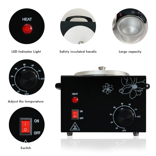 Professional Wax Warmer with Adjustable Temperature for Hair Removal - Electric Melted Wax Beads Heater for Women (Black Single Pot)