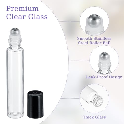 48 Pack 10ml Clear Glass Roller Bottles for Essential Oils