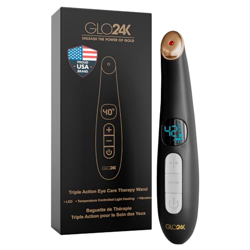 GLO24K Heated Eye Wand & Eye Massager Tool ? Gentle Warmth & Vibration for Smoother-Looking Skin, Refreshing Under-Eyes Massage, Portable Beauty Device