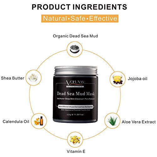 Dead Sea Mud Mask for Face and Body,Deep Cleansing Face Mask for Acne,Pore Minimizer,Natural Skincare Charcoal Blackheads Remover,Skincare Spa Clay Facial Mask for Women & Men 11.28fl.oz