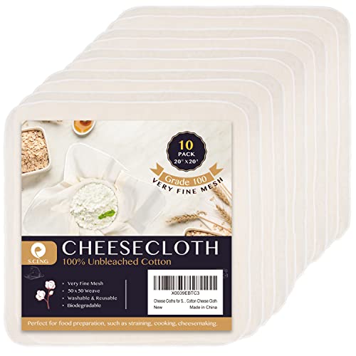 Cheese Cloths for Straining, Grade 100, 20 x 20inch 10 Pack, Hemmed Cheesecloth for Cooking, 100% Combed Unbleached Cotton Cheese Cloth