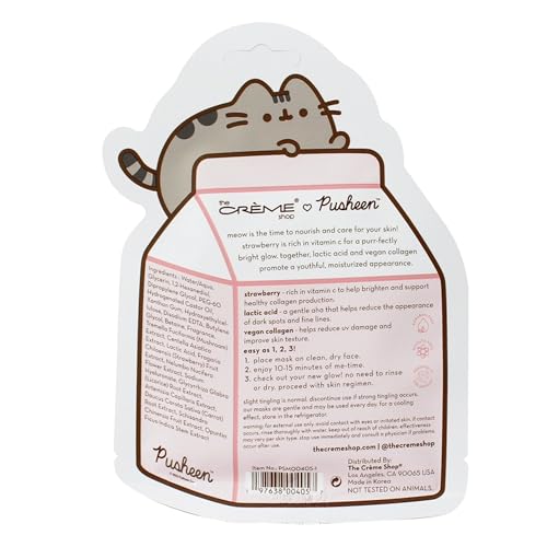 The Cr?me Shop x Pusheen Printed Essence Sheet Mask - Formulated with Collagen, Lactic Acid, and Strawberry for Glowing, Moisturized Skin (Strawberry Milk) (Pack of 3)