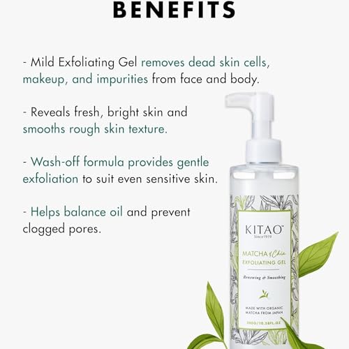 KITAO Exfoliating Body Scrub for Women & Men with Matcha, Chia & Acai, Facial Exfoliator, Body Exfoliator Gel, Skin Exfoliant, Dead Skin Remover for Pore Cleansing & Firming from Japan 10.6 Fl Oz
