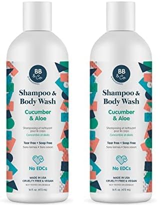 BB&CO Shampoo & Body Wash — Cucumber & Aloe — 16 oz — Tear Free & Soap Free — No EDCs — Safer for Baby — Good for the Whole Family — Made in USA (Pack of 2)