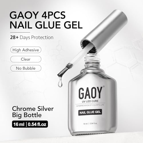 GAOY 4 Pcs Clear Gel Nail Glue for Acrylic & Press-On Nails, 16ml - Long Lasting, UV Cure DIY