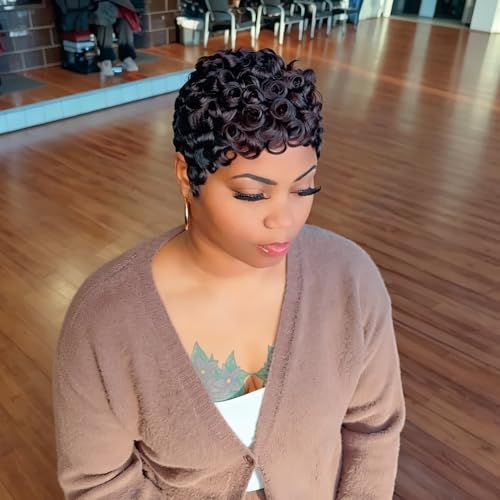 Yrenrea Black Finger Wave Human Hair Pixie Wig Short Curly Glueless Daily Use