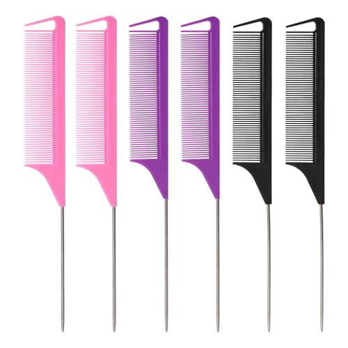 6PCS Metal Rat Tail Comb Set for Hair Styling & Braiding - Purple, Black, Pink