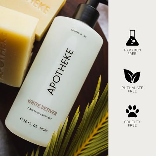 APOTHEKE Liquid Hand Soap, White Vetiver - 10 Fl Oz Hydrating Handsoap with Premium Fragrance Oils Gently Cleanses, Moisturizes & Rejuvenates Skin - Scented Hand Wash for Kitchen & Bathroom