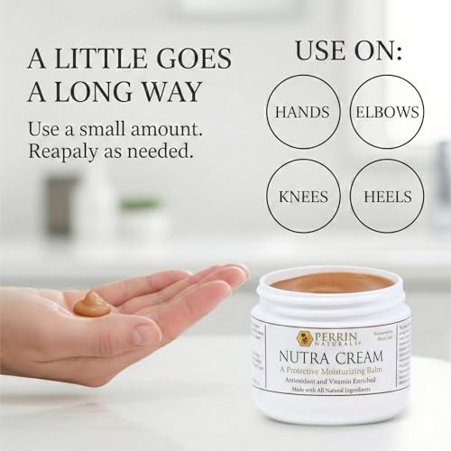 Perrin Naturals Nutra Cream, Concentrated Moisturizing Balm for Very Dry Skin, Targeted Dry Skin Cream for Hands, Heels & Elbows, Skin Barrier Support, Vitamins C E D3 + Resveratrol, 2 oz