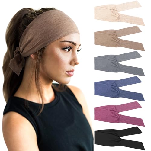 DRESHOW 6-Pack Adjustable Knot Headbands for Women – Beiges, Apricot, Prussian Blue, Grey, Begonia Red, Black (Non-Slip, Workout)