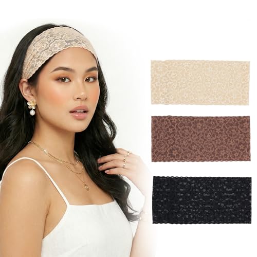 Aranya Dense Floral Lace Headbands 3-Pack - Classic Soft Breathable Hair Accessories