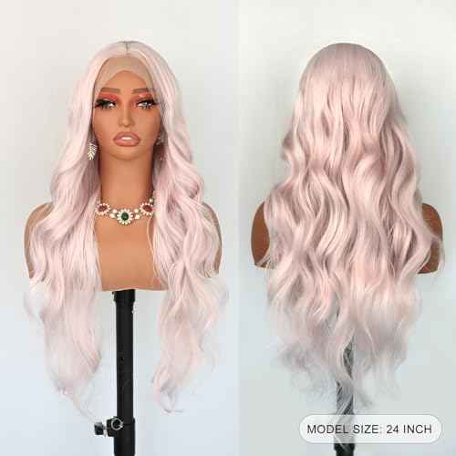 Pink Lace Front Wigs Long Wavy Wigs for Women Long Curly Synthetic Lace Frontal Wig Loose Wave Wig Heat Resistant Glueless Synthetic for Daily Party 24 Inch