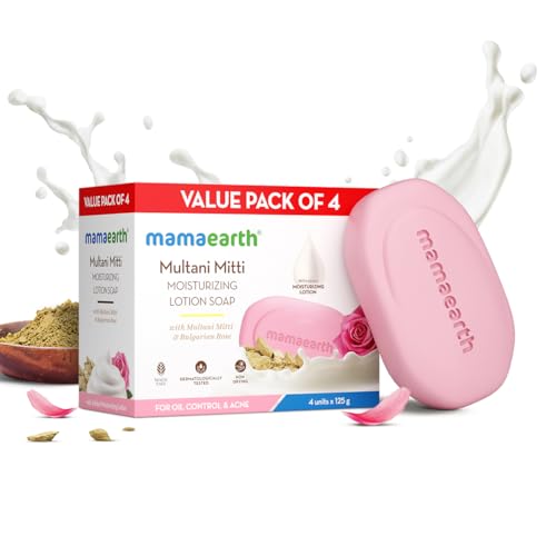MAMAEARTH Multani Mitti & Rose Moisturizing Lotion Soap Bar | Controls Oil & Body Acne | Bentonite Clay Bar for Oil & Acne Free Skin | for Face & Body | 4 Bars (4.41 Oz/125g Each)