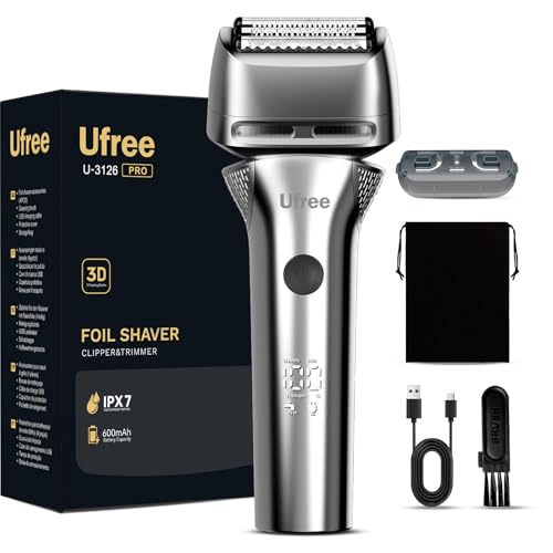 Ufree Electric Razor for Men, Rechargeable Cordless Foil Shaver, 8,500 RPM Wet and Dry Electric Shaver with 2 Speed Settings, LED Display, IPX7 Waterproof, Pop-Up Trimmer, Silver