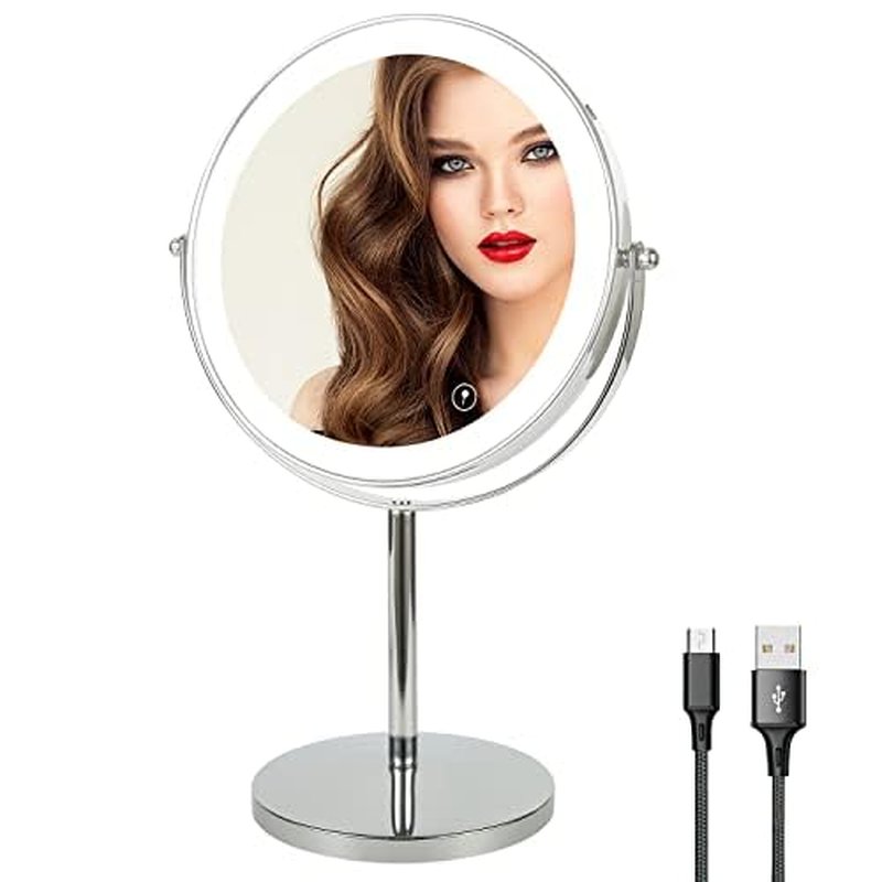 8" Lighted Makeup Mirror with Magnification, 1X/10X Magnifying Mirror with Light, Double Sided 360¡Æ Cordless Rechargeable, 3 Colors Brightness Adjustable Makeup Mirror with Lights with 52 LED(Silver)