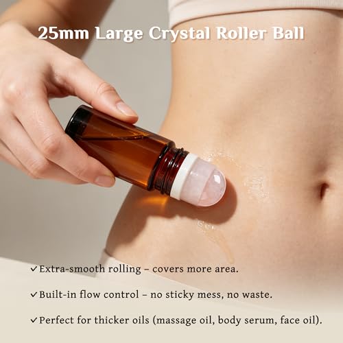 Rose Quartz Roller Bottle 50ml - Leak-Proof Amber Glass for Oils