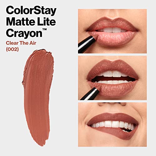 REVLON ColorStay Matte Lite Crayon Lipstick with Built-in Sharpener, Smudge-proof, Water-Resistant Non-Drying Lipcolor, 002 Clear The Air, 0.049 oz