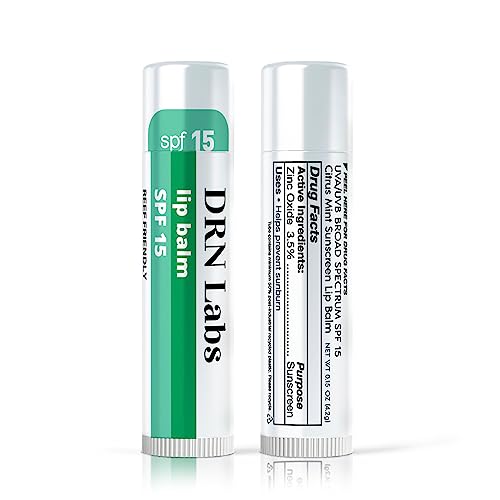 SPF 15 Mineral Sunscreen Lip Balm - Vegan and Cruelty Free Broad Spectrum UVA/UVB Lip Care - lemon and mint scent - for Hydration, Sun Protection by DRN Labs. 0.15 oz (0.15 oz, 3)