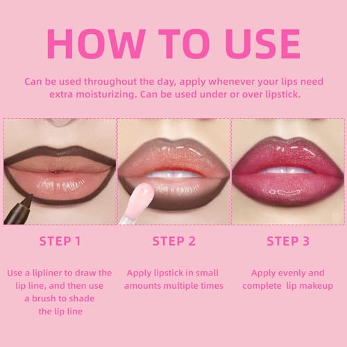 Color Changing Lip Oil with Brown Lip Liner,Big Brush Head Hydrating Non-Sticky Moisturizing Lightweight Magic Pink Glitter Tinted Lip Gloss for Women Plumping Lip Glow Oil for Dry Lips Makeup