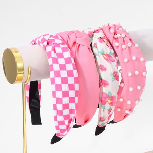 Hot Pink Headbands for Women, 4-Pack Knotted & Pearl Hair Bands