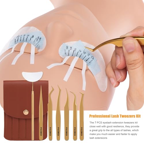 Lash Tweezers for Eyelash Extensions, Professional Eyelash Tweezer Set, Lash Extension Tweezer Kit (Set of 7, Gold)