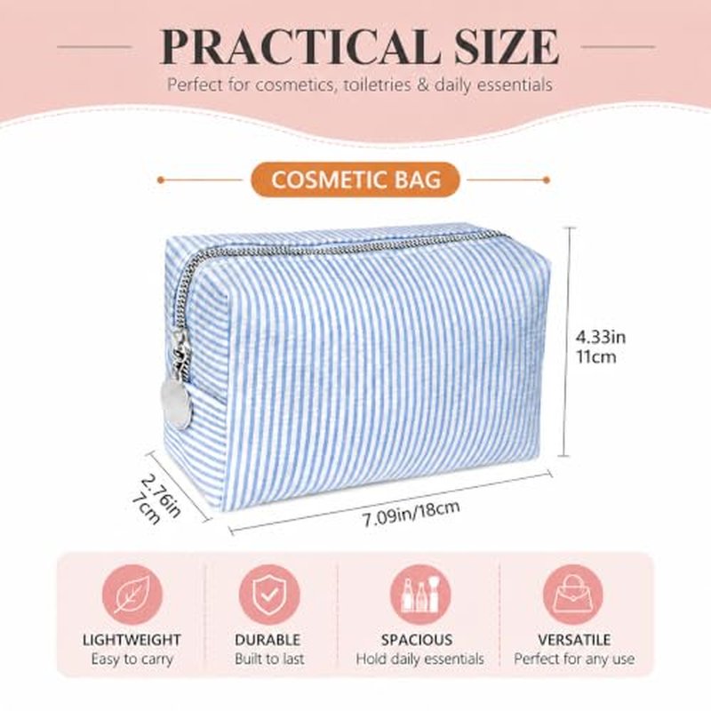 6-Pack Light Blue Seersucker Makeup Bags Set