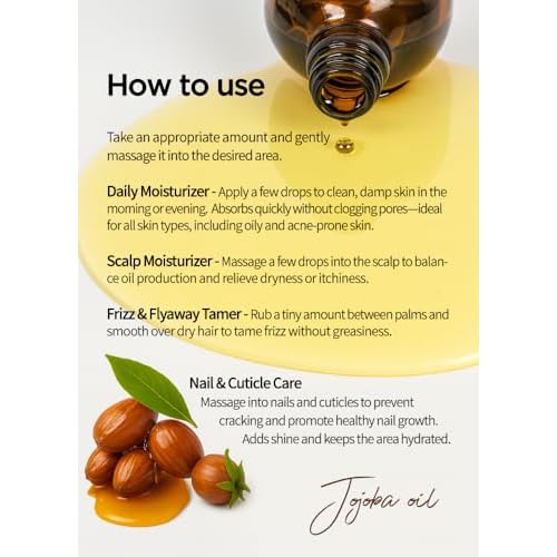 BEAUDIANI Organic jojoba Oil 100ml (3.38 fl.oz) 100% Pure Organic Natural Golden Oil, Cold Pressed Virgin, Vitamin E Oil, Moisturizer for Skin, face, Body, Hair, Nail, Israel Origin