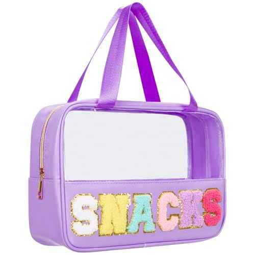 Snack Bags Chenille Letter Patch Clear Bag for Travel, Preppy Cosmetic Bag Snack pouch with Zipper, Toiletry Bag for Traveling Women, Clear Travel Bags for Toiletries (Deep Purple)