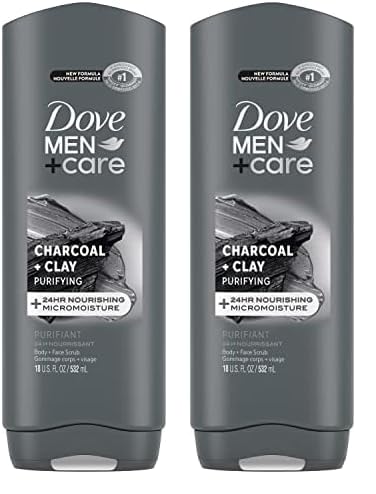 DOVE MEN + CARE Elements Body Wash Charcoal + Clay, Effectively Washes Away Bacteria While Nourishing Your Skin, Gray, 18 Fl Oz (Pack of 2)