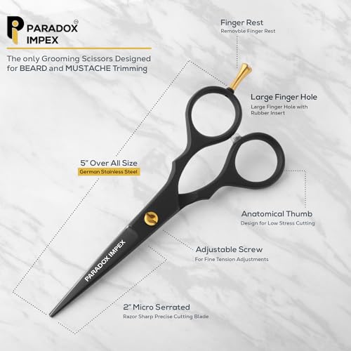 5¡± Beard and Mustache Scissors, German Stainless Steel Beard Scissors Come with 1 Tweezers, 1 Beard Comb, 1 Mustache Comb and Pouch, Hair Scissors for All Facial Hairs. (Black)