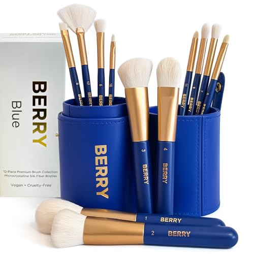 BERRY GOODS 12-Piece Makeup Brush Set with Microcrystalline Silk Fibers ? Ultra-Soft, Vegan & Cruelty-Free Face & Eye Brushes with Travel Case (BERRY Blue)
