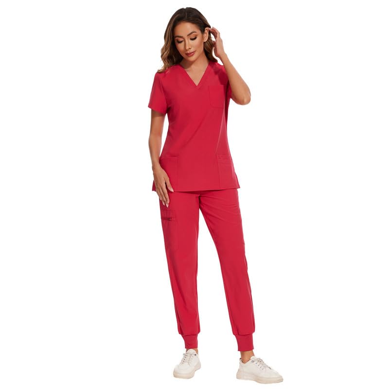 COZYFIT Scrubs for Women Set - Stretch V-Neck Scrub Top & Jogger Pant with 8 Pockets, Yoga Waistband, Anti Wrinkle, Slim Fit Women Scrubs - Rose Red, XS