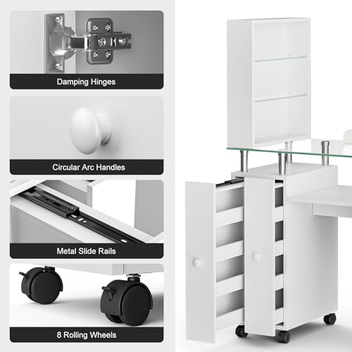 Paddie Manicure Table with Glass Top, Acetone Resistant Nail Desk