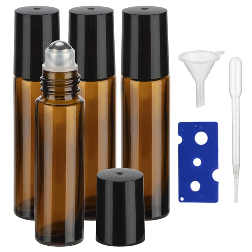 10ML Essential Oil Roller Bottles 4-Pack, Amber Glass with Stainless Steel Balls