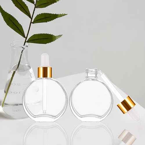 6Pcs, 2 oz Glass Dropper Bottles for Essential Oils,60ml flat round perfume bottle with Eye Droppers,for Essential Oils,Perfumes, Serums - Leakproof for Travel (Clear)