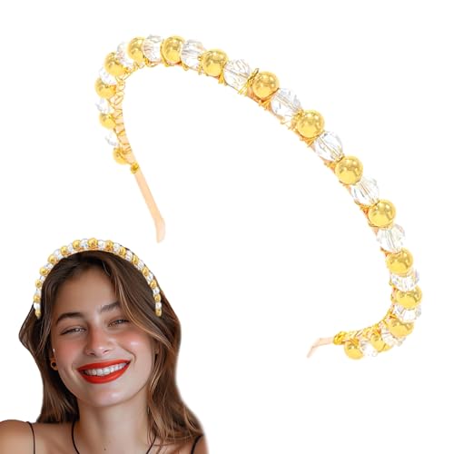 deladola Gold Bead Thin Headband Sparkly Beaded Hairband Handmade Hair Hoop Party Headwear for Women (White)