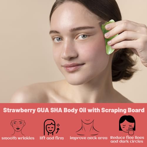 MR.A 2 Pack Strawberry Body Oil Juice Scented, Vitamin E Body Oil after Shower, Strawberry Shortcake Body Moisturizer Bath Oil for Dry Skin, Guasha Oil with Guasha Tool