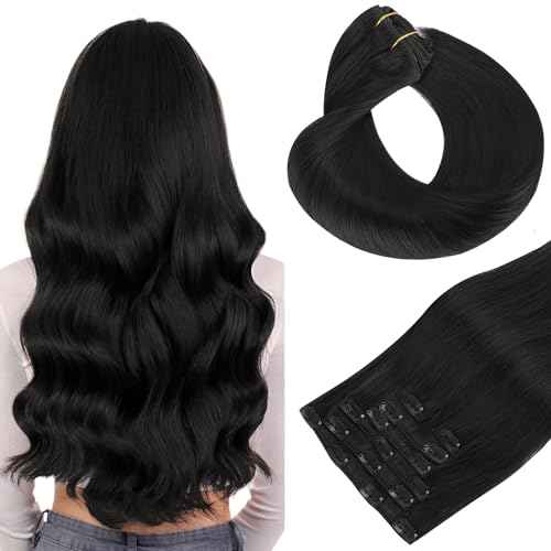 HOTBANANA Human Hair Clip in Hair Extensions, Natural Black 120g Clip in Hair Extensions Real Human Hair Straight Remy Hair 22 Inch 7pcs