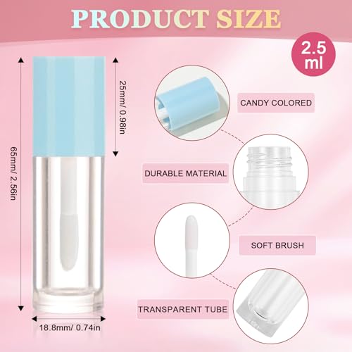 50pcs 2.5ml Empty Lip Gloss Containers Lip Gloss Tubes with Wand Cute 0.08oz Clear Refillable Lipgloss Making Supplies Kit for DIY Makeup+ 2pcs Syringes