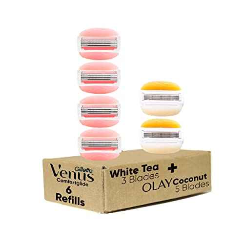 Gillette Venus ComfortGlide White Tea 4 count, with Gillette Venus ComfortGlide plus Olay 2 count, Women's Razor Blade Refills, Holiday Gifts for Women